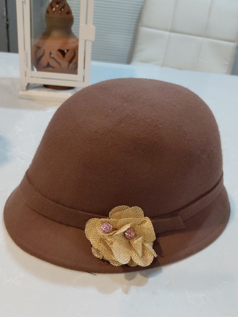 Saint Laurent Brown Felt Cloche Hat with Gold Floral Accent